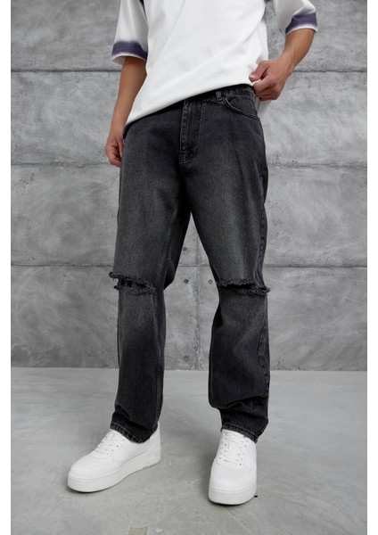 Siyah Cth Yırtık Detaylı Baggy Jean
