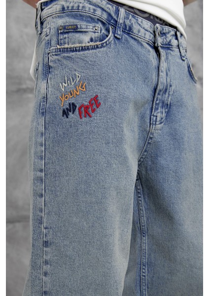 Mavi Cth Nakış Detaylı Taşlamalı Baggy Jean