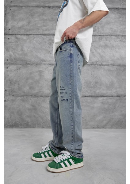 Mavi Cth Nakış Detaylı Taşlamalı Baggy Jean