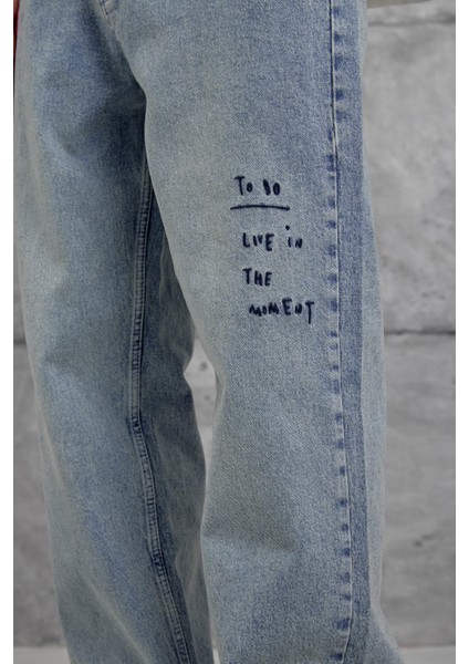 Mavi Cth Nakış Detaylı Taşlamalı Baggy Jean
