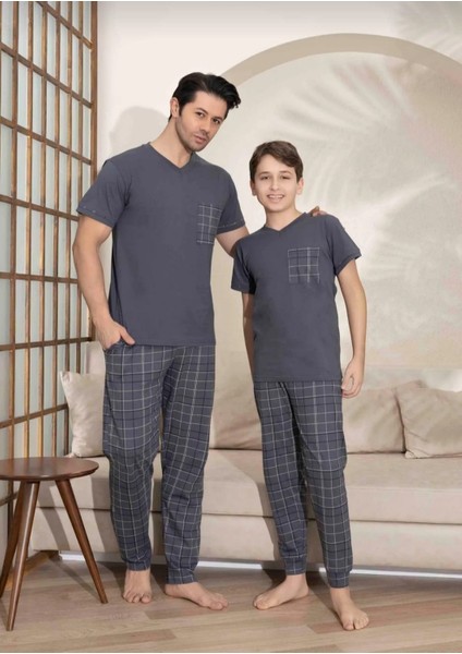 Baba Oğul Kombin Kısa Kollu Ekoseli Uzun Alt Penye Kumaş Orta Kalın V Yaka Pijama TAKIMI-3995