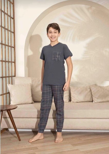 Baba Oğul Kombin Kısa Kollu Ekoseli Uzun Alt Penye Kumaş Orta Kalın V Yaka Pijama TAKIMI-3995 modelleri