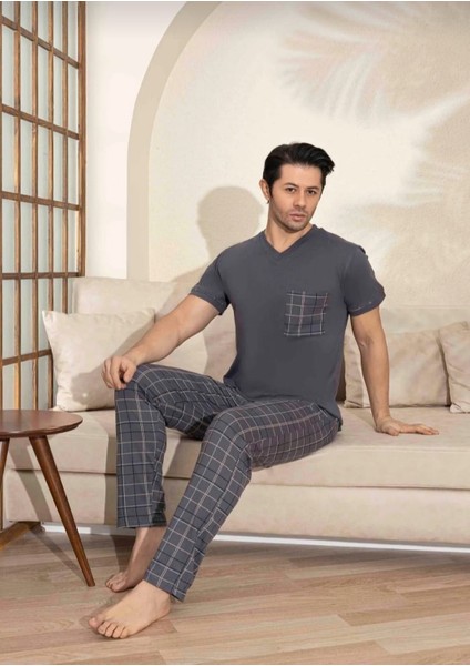 Baba Oğul Kombin Kısa Kollu Ekoseli Uzun Alt Penye Kumaş Orta Kalın V Yaka Pijama TAKIMI-3995 fırsatları