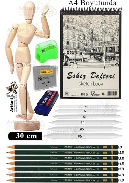 Ahşap Insan Modeli 30 cm A4 21X29.7 cm Eskiz Defteri Dereceli Karakalem Seti Dağıtma Kalemi Hamur Silgi Kalemtraş