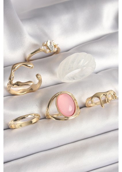Pirinç Gold Renk Zirkonlı Oval Pembe Mineli 6'lı Kadın Yüzük Seti - TJ-BYK3638