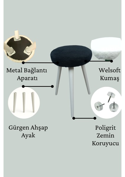 Fanatik Welsoft Kumaş Gürgen Ahşap 3 Ayaklı Konforlu Modern Taraftar Taburesi Fan Pufu Takım Oturağı
