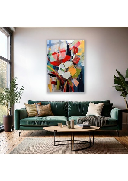 Cam Duvar Tablosu Soyut Çiçekler Yağlı Boya Görünümlü Dijital Baskı Salon Tablosu Modern Tablo