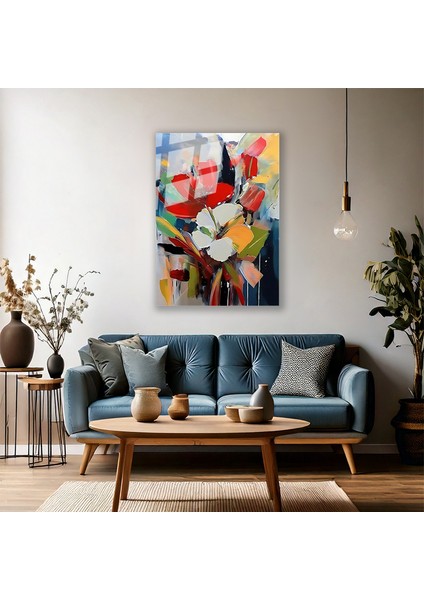 Cam Duvar Tablosu Soyut Çiçekler Yağlı Boya Görünümlü Dijital Baskı Salon Tablosu Modern Tablo