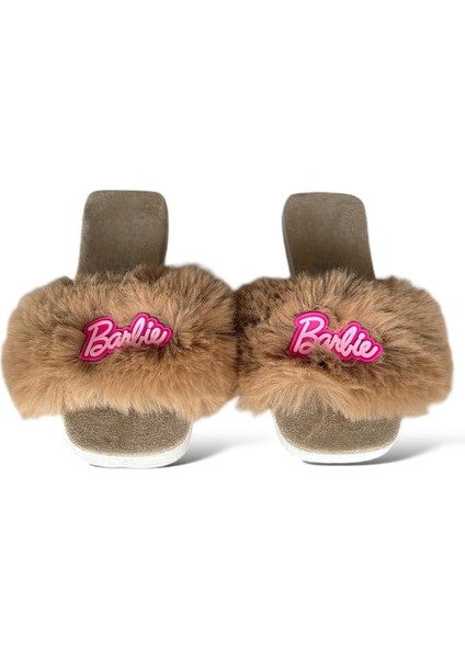 Tüy Detaylı Barbie Peluş Kadın Terlik Gri