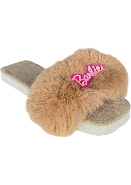 Tüy Detaylı Barbie Peluş Kadın Terlik Gri