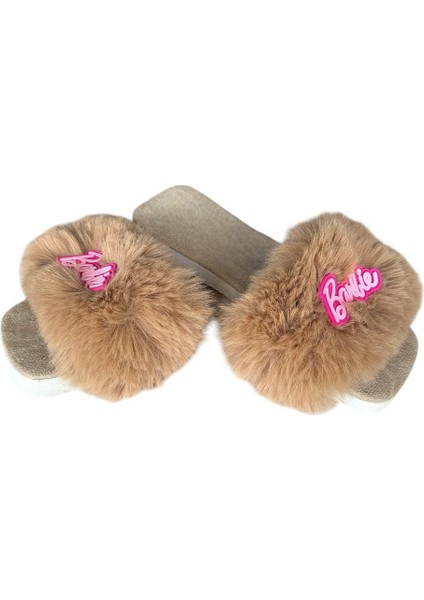 Tüy Detaylı Barbie Peluş Kadın Terlik Gri