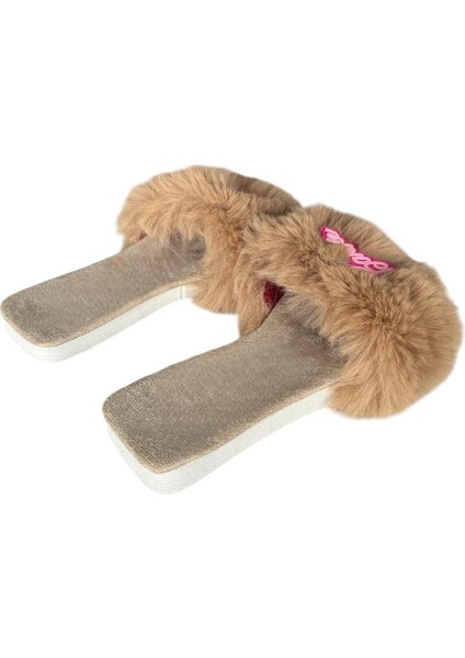 Tüy Detaylı Barbie Peluş Kadın Terlik Gri