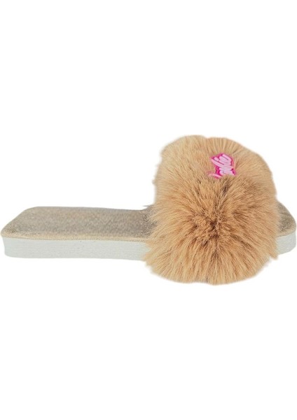 Tüy Detaylı Barbie Peluş Kadın Terlik Gri