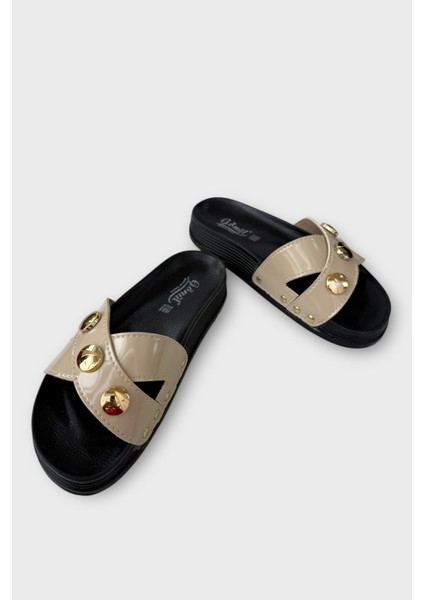 Kadın Günlük Terlik Çapraz Şık Ortopedik Yazlık Ev Plaj Tatil İş Terliği BEJ