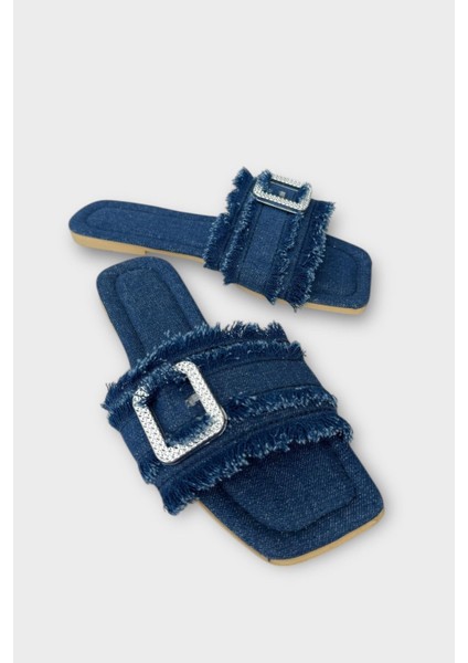 Kadın Püskül Detay Tokalı Denim Terlik LACİVERT fiyatları