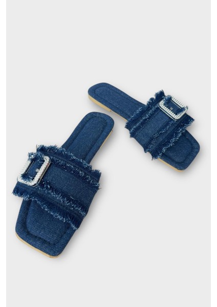 Kadın Püskül Detay Tokalı Denim Terlik LACİVERT modelleri
