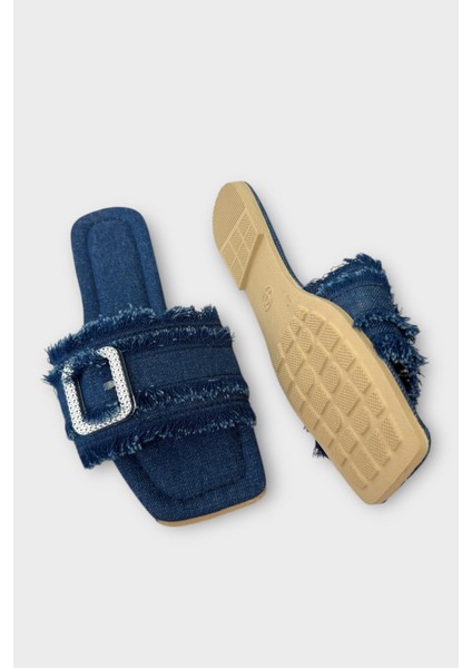 Kadın Püskül Detay Tokalı Denim Terlik LACİVERT fırsatları