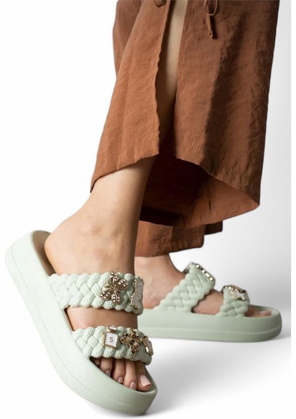 Kadın Taşlı Şık Rahat Konforlu Günlük Terlik SU YEŞİLİ indirimleri