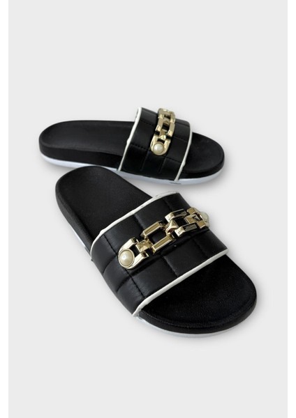 Kadın Günlük Terlik Tokalı Şık Yazlık Ev Plaj Tatil İş Terliği SİYAH - ALTIN fiyatları