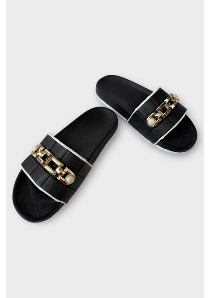 Kadın Günlük Terlik Tokalı Şık Yazlık Ev Plaj Tatil İş Terliği SİYAH - ALTIN modelleri