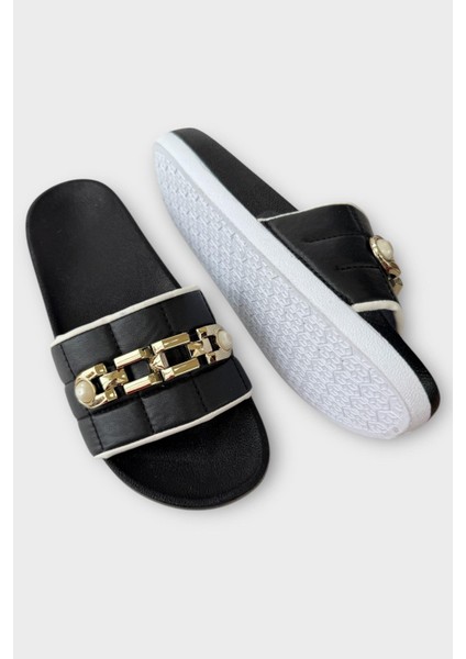 Kadın Günlük Terlik Tokalı Şık Yazlık Ev Plaj Tatil İş Terliği SİYAH - ALTIN fırsatları