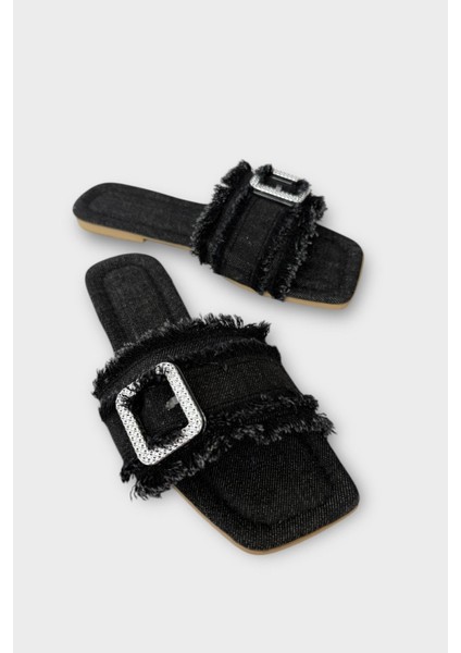 Kadın Püskül Detay Tokalı Denim Terlik Bej fiyatları