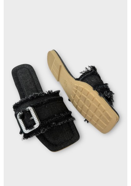 Kadın Püskül Detay Tokalı Denim Terlik Bej fırsatları