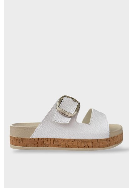 Kadın Günlük Terlik Kalın Taban Tokalı Rahat Şık Yazlık Ev Plaj Tatil Terliği BEYAZ