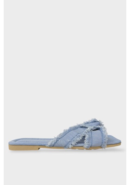 Kadın Püskül Detay Çapraz Denim Terlik Mavi