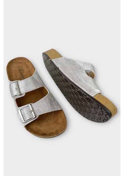 Kadın Günlük Terlik Ayarlanabililr Tokalı Çift Bantlı Şık Ortopedik Yazlık Ev Plaj Tatil Terliği GÜMÜŞ fırsatları