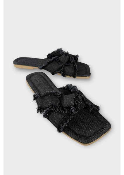 Kadın Püskül Detay Çapraz Denim Terlik SİYAH