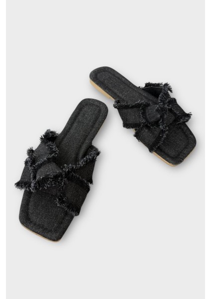 Kadın Püskül Detay Çapraz Denim Terlik SİYAH