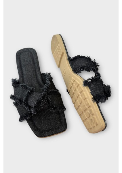 Kadın Püskül Detay Çapraz Denim Terlik SİYAH