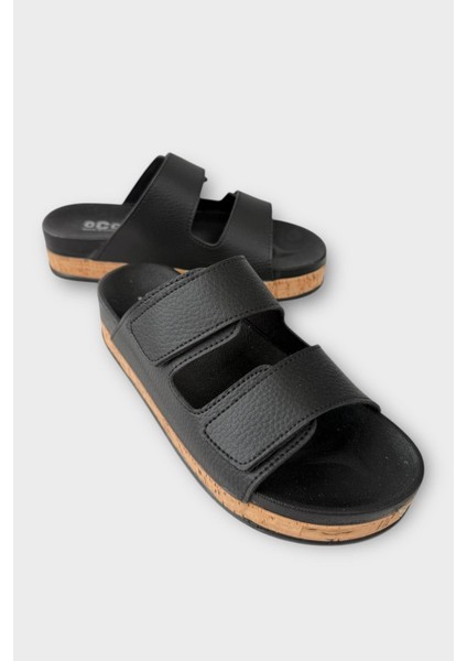 Kadın Günlük Terlik Kalın Taban Çift Bant Cırtlı Rahat Şık Yazlık Ev Plaj Tatil Terliği SİYAH