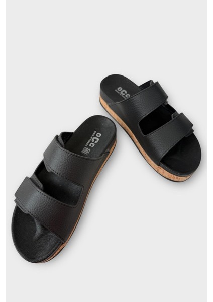 Kadın Günlük Terlik Kalın Taban Çift Bant Cırtlı Rahat Şık Yazlık Ev Plaj Tatil Terliği SİYAH