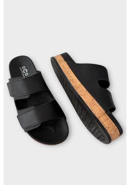 Kadın Günlük Terlik Kalın Taban Çift Bant Cırtlı Rahat Şık Yazlık Ev Plaj Tatil Terliği SİYAH