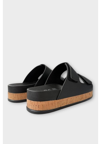 Kadın Günlük Terlik Kalın Taban Çift Bant Cırtlı Rahat Şık Yazlık Ev Plaj Tatil Terliği SİYAH