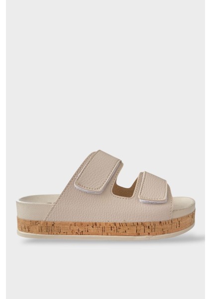 Kadın Günlük Terlik Kalın Taban Çift Bant Cırtlı Rahat Şık Yazlık Ev Plaj Tatil Terliği BEJ