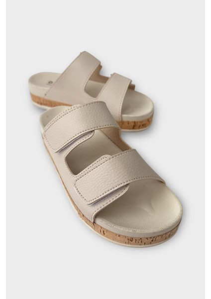 Kadın Günlük Terlik Kalın Taban Çift Bant Cırtlı Rahat Şık Yazlık Ev Plaj Tatil Terliği BEJ fiyatları