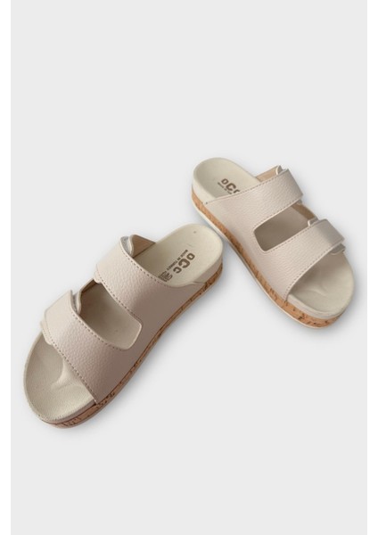 Kadın Günlük Terlik Kalın Taban Çift Bant Cırtlı Rahat Şık Yazlık Ev Plaj Tatil Terliği BEJ modelleri