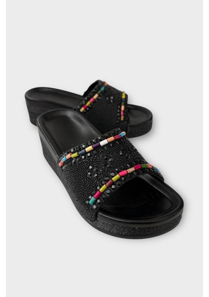 Kadın Günlük Terlik Taşlı Dolgu Topuk Şık Yazlık Ev Plaj Tatil Terliği SİYAH