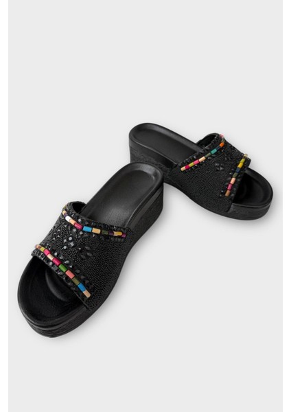 Kadın Günlük Terlik Taşlı Dolgu Topuk Şık Yazlık Ev Plaj Tatil Terliği SİYAH modelleri