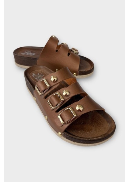 Kadın Günlük Terlik Tokalı Üç Bant Şık Ortopedik Yazlık Ev Plaj Tatil Iş Terliği Kahverengi fiyatları