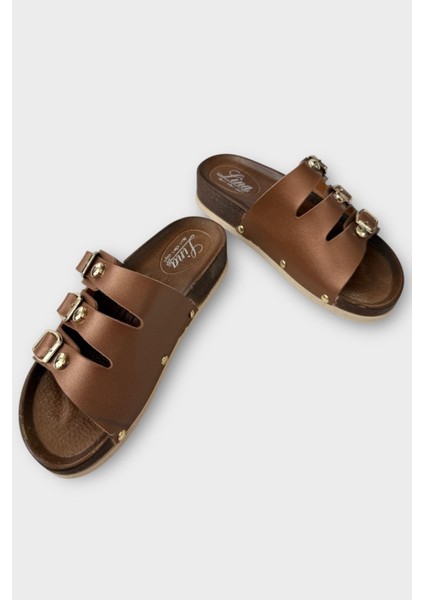 Kadın Günlük Terlik Tokalı Üç Bant Şık Ortopedik Yazlık Ev Plaj Tatil Iş Terliği Kahverengi modelleri