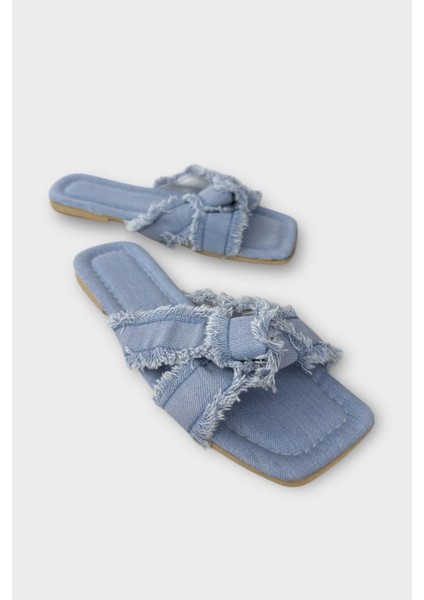 Kadın Püskül Detay Çapraz Denim Terlik Mavi