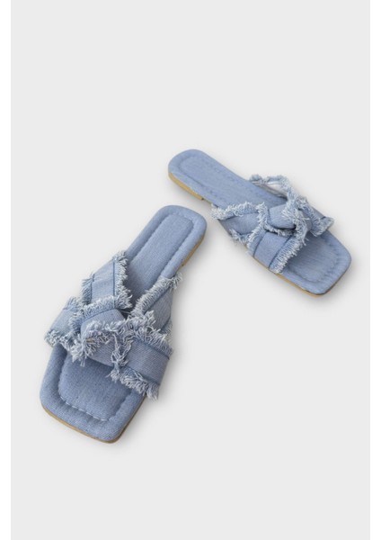 Kadın Püskül Detay Çapraz Denim Terlik Mavi
