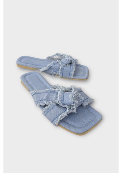 Kadın Püskül Detay Çapraz Denim Terlik Mavi