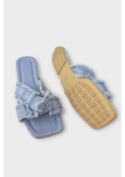 Kadın Püskül Detay Çapraz Denim Terlik Mavi