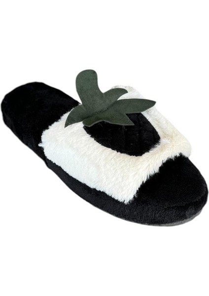 Çilek Desen Peluşlu Kadın Ev Terliği Gri