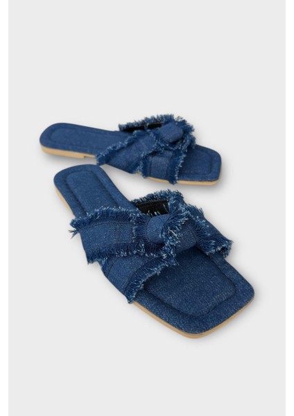 Kadın Püskül Detay Çapraz Denim Terlik LACİVERT fiyatları